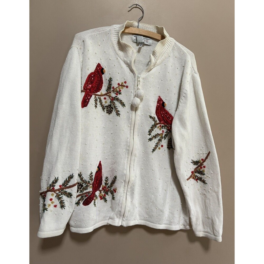 Vintage Ramie Cotton Christmas Cardigan Size 2XL Sweater Ivory Cardinal Beaded